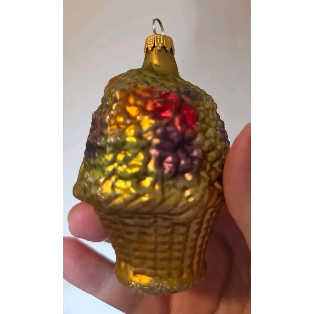 VTG West Germany Blown Glass Ornament Girl in Flower Basket Glitter